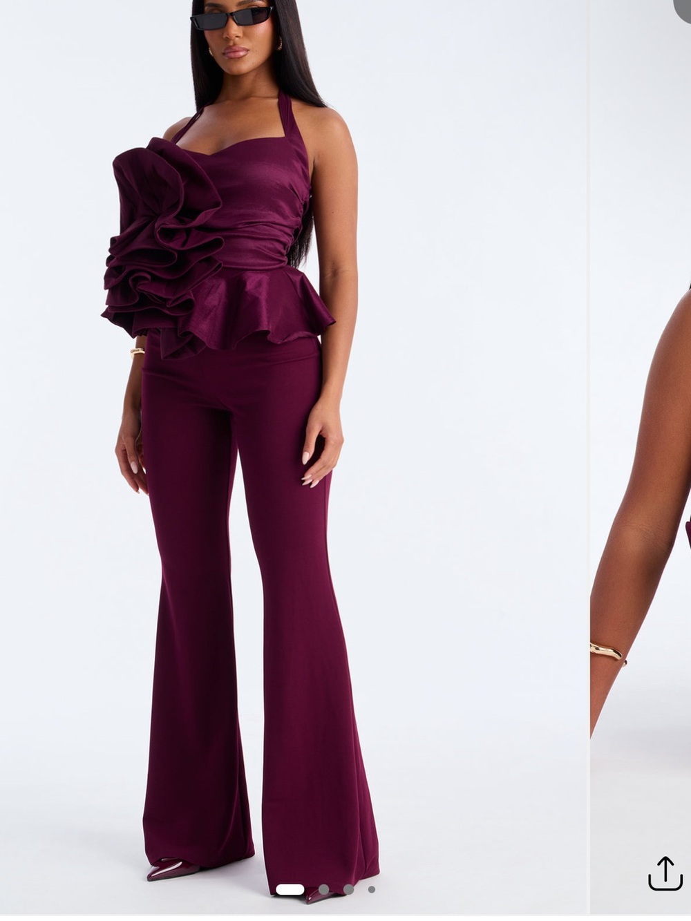 Fashion Nova Plum Halter Jumpsuit with Oversized Floral Ruffle